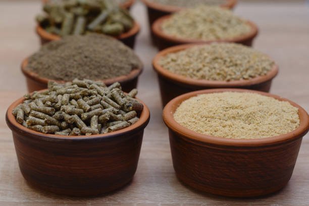 Different kinds of pelleted compound feed in bowls on wood table, copy space